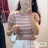 Suéter de Manga Corta a Rayas Estilo Chanel de Fábrica para Mujer Verano Nuevo Diseño Sentido Ajustado Estilo Francés Top de Seda Hielo Fresco para Mujer