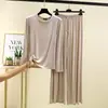 Traje Casual Simple de Modal para Casa para Mujer Otoño Nuevo Camiseta de Manga Larga con Cuello Redondo Pantalones Rectos Sueltos Conjunto de Dos Piezas