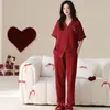 Conjunto de Pijama de Algodón Rojo Brillante para Mujer, Ropa para Casa, Manga Corta, Pantalón Largo, Estilo Delgado para Celebración de Recién Casados, Casual, Se Puede Usar al Aire Libre
