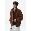 Jaqueta de Couro Patchwork Americana Nova Outono 2026 Tamanho Plus Masculina Solta Casual Gola Alta Zíper Camisa