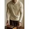 Suéter Tricot Gola Lapela Meio Zíper Mistura de Seda Mulberry e Lã Estilo Old Money Masculino Primavera 2026 Camiseta Casual Manga Longa
