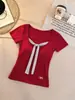 Camiseta corta de manga corta a rayas dulces estilo coreano con tirantes, corte ajustado, sujetador incorporado, longitud corta, top versátil para mujer