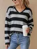 Bestseller transfronteiriço: Suéter de tricô listrado com gola V para primavera e outono para mulheres, leve, irregular, modelagem solta, de manga longa, casual e versátil