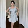 Tela Satén Estilo Coreano Deseo Puro Cinta Satén Elegante Vestido Sling Verano para Mujer Sin Mangas Falda Corta