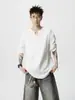 Camiseta Masculina de Peso Pesado com Textura de Listras Verticais, Gola V, Manga Longa, Tamanho Plus Size, Tendência, Para Pessoas Gordas, Solta, Estilo Hong Kong, Roupa de Primavera, Camisa Versátil para Usar por Baixo
