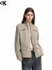 Chaqueta de hombro recto estilo retro americano 11KN para hombre y mujer, corte holgado, diseño de patchwork deconstruido, abrigo corto casual desgastado con cuello alto