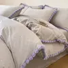 Juego de Cuatro Piezas de Algodón Puro Estilo Retro con Adorno de Pompón, Funda Nórdica de Algodón Puro, Ropa de Cama Nantong, Juego de Tres Piezas de Sábanas 4