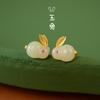 Brincos de Prata 925 com Coelho de Jade Jade Hetian para Mulheres Zodíaco de Jade Coelho de Prata Esterlina Estilo Chinês Fofo Brincos com Senso Avançado