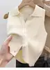 Camisole fina de malha justa com gola polo para mulheres, início da primavera de 2026, top sem mangas de malha de seda gelada