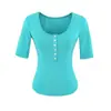 Camiseta Henley cinza sexy estilo americano de manga média com botões para mulheres, top casual curto de verão que afina e valoriza o corpo, com design ombro a ombro.