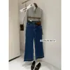 Colección de otoño de Suxinlan/YOUMO: Jeans retro de pierna ancha estilo francés con letras bordadas y bolsillos (viene con un cinturón) 38571