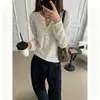 Estilo coreano! Contém lã fina, suéter de malha com botões, gola V, manga longa, outono 2026, vintage, para mulheres