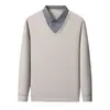 Camiseta Nueva de Manga Larga para Hombre Otoño 2026, Falso Dos Piezas, Estilo Casual de Negocios para Hombres de Mediana Edad, Cuello de Camisa de Contraste de Color, Camiseta Básica para Hombre