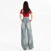 Jeans Feminino Wide Leg Rasgado Estilo Americano Retrô Verão 2024 Fino Cintura Alta Emagrecedor Solto Reta