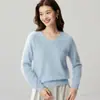 Suéter de cashmere 100% escovado com decote em V para mulheres, caimento solto, cor sólida, cashmere macio escovado, top base sem costura para outono e inverno
