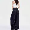 Calça Jeans Larga Azul Escuro Estilo Americano para Mulheres Outono 2025 Nova Cintura Alta Emagrecimento Caimento Petite Comprimento Total