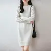 Vestido de Tricô de Lã 100% Feminino Outono/Inverno Estilo Grosso Ombro Caído Comprimento Médio Bainha Dividida Manga Longa Solto
