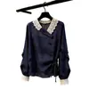 Camisa patchwork de renda francesa, um top estiloso e único para mulheres, perfeita para o trabalho, em uma linda cor azul marinho, 2026