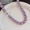 Colar Charmoso de Pérola Roxa Taiti Redonda Brilhante para Mulheres, Corrente Versátil e de Alto Padrão para Suéter, Presente para Mãe, Atacado
