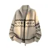 Suéter Cardigan Jacquard Estilo Étnico Retrô Americano Masculino Outono Inverno Solto Casual Versátil Gola Tricô Peça de Roupa Externa