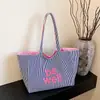 Grande Capacidade Tote Bag Dupla Lateral Listrado Ombro Bolsa Texturizada Bordado Estudantes Universitários Bolsa de Lona Bolsa de Viagem Feminina