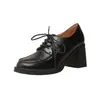 Zapatos de Cuero Suave de un Solo Color, Estilo Nuevo Primavera y Otoño, Tacones Altos, Zapatos de Cuero Negros para Mujer, Estilo Británico Casual, con Cordones, Suela Gruesa, Tacón Grueso, Zapatos para Mujer