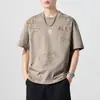 Camiseta Casual de Manga Corta para Hombre con Estampado de Letras Grandes y Pesado, Marca de Tendencia de Verano, Pulóver Holgado de Algodón Puro con Cuello Redondo