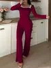 Conjunto de pijama quadrado com renda europeia e americana, top de manga longa e calça pantalona de cintura alta, conjunto casual para ficar em casa