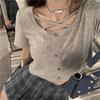 Top sexy escavado maquiavélico outono inicial feminino plus size senso de design garota popular desejo puro blusa de base chique usando camiseta