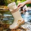 Botas de lluvia de una pieza para hombre de forro polar hasta la pantorrilla, botas de agua antideslizantes, zapatos de goma cálidos con forro de forro polar, adecuados para el trabajo en la cocina y el uso en exteriores