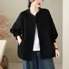 Foto real de chaqueta tipo cárdigan de punto de algodón de color liso, estilo casual para mujer de talla grande, otoño, holgada, con cuello alto, manga larga