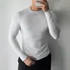 Camiseta de manga larga acanalada para hombre, casual, cuello redondo, deportiva para fitness, elástica, ajuste ceñido, capa base, usada debajo de una camiseta negra ajustada