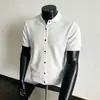 Cardigã de Malha Retro com Lapela, Botões, Manga Curta, Solto e Versátil, Camiseta Casual Simples para o Dia a Dia, Camisa Polo Masculina, Tendência