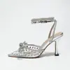 Zapatos de tacón fino rosa transparente de verano, tacón fino, versión Y, 8.5 cm, punta fina, con pedrería, tacones de Amazon, con lazo, zapatos de mujer