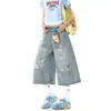 Jeans crop rotos retro americanos para mujer, shorts de pierna ancha adelgazantes de cintura alta para verano, pantalones casuales holgados de longitud media, modernos