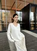 Suéter Tricô Decote V Zhengqi Especial para Mulheres, Estilo Solto e Casual, Detalhe em Renda, Suéter de Cashmere, Manga Longa, Blusa de Cor Sólida