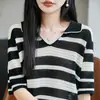 Camiseta fina de manga corta a rayas en lyocell, nuevo estilo de verano con cuello camisero, linda y elegante, top juvenil para mujer