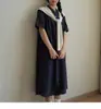 2026 Novo Estilo Linho Lavado Preto e Branco Azul Marinho Xadrez Artístico Retrô Vestido Saia de Manga Curta Primavera e Verão Roupas Femininas