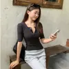 Camiseta de mujer estilo coreano para adelgazar, suave y cómoda, de algodón Muyun, con cuello Henry, manga media, casual y relajada, se puede usar sola 26237