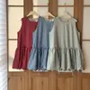 Chaleco Vestido Corto de Cuadros Azul Oscuro/Verde Crema con Cinturón Fruncido Vestido de Cuadros de Verano