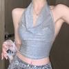 Top Pequeño Tailandés Único y Elegante Sexy para Chica Caliente Espalda Descubierta Cintura Plateado Brillante Seda Cuello Oscilante Halter Camisola