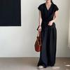 Estilo Coreano Verão Novo 2026 Camisa Elegante com Amarração na Cintura e Decote V para Mulheres + Conjunto de Calças Wide-Leg
