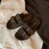 Zapatillas de casa en stock modelo nuevo 2026, suaves y acogedoras, sin cordones, de doble tira, para exteriores, suela gruesa, peludas, tipo Birkenstock para mujer