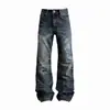 Jeans Ajustados Rotos con Bordado de Hueso Azul Street Americano Bigotes de Gato Lavados para Hombres y Mujeres Pantalones Largos Holgados Ajustados Ligeramente Acampanados