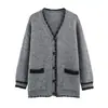 Ins estilo europeo y americano transfronterizo 2026 nueva moda elegante ropa de mujer, estilo commuter universitario, cárdigan de punto con cuello en V y ribete de color contrastante