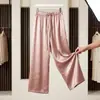 Calça Larga de Acetato Cetim com Strass, Estilo Novo 2026 para Mulheres, Calça Casual Drapeada de Corte Reto, Calça Longa Emagrecedora Plus Size