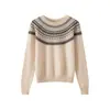 Suéter 100% lana pura para mujer, jersey jacquard Fair Isle vintage, top de punto de cuello redondo, top base de alta gama