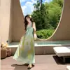 Hermoso Vestido para Tomar Fotos en la Playa, Estilo Relajado y Perezoso, Cuello en V Desdibujado Falso Dos Piezas Empalmado Tirantes Vestido Largo de Playa
