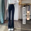 Calças boca de sino com fenda estilo terno preto para mulheres, novas calças boca de sino slim fit de cintura alta para outono e inverno, modelo petite