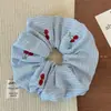 Scrunchie de Tecido Bordado Estilo Coreano com Listras Azuis Elástico Doce para Coque de Cabelo Corda Elegante para Rabo de Cavalo Faixa de Cabelo